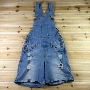 Womens Medium Blue Desire Distressed Denim Overall Shorts Light wash